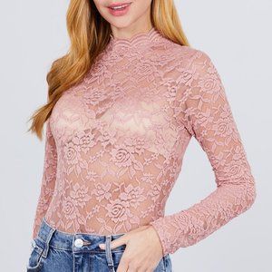 Women's Long Sleeve Scallop Mock Neck Lace Sexy Pink Bodysuit NWT